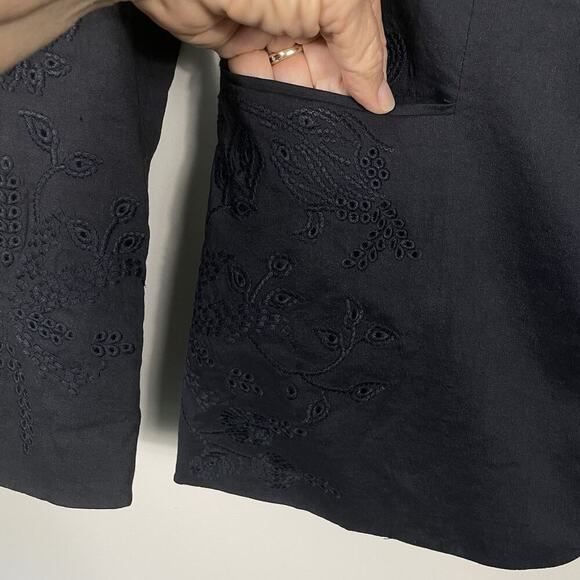 Elie Tahari Linen Blend Blazer Jacket Size 4 Navy Embroidered Eyelet Career Boho - Picture 5 of 11